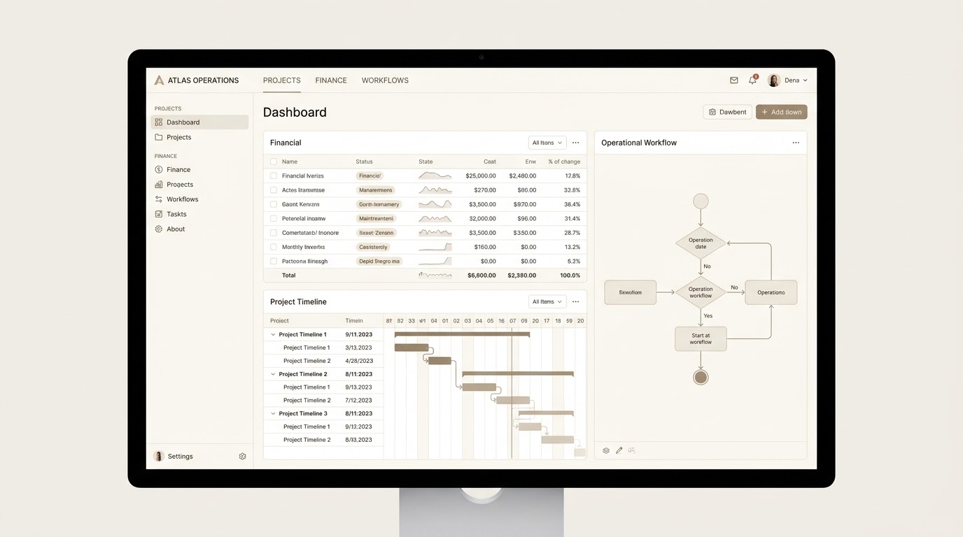 Editorial-style business operations workspace with dense but organized tables and timelines.